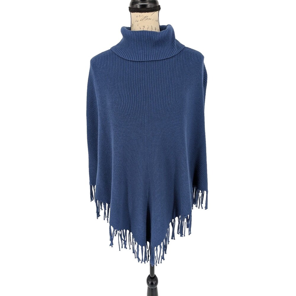 TALBOTS Pullover Poncho Blue Knit Small Cotton Blend Cowl Great